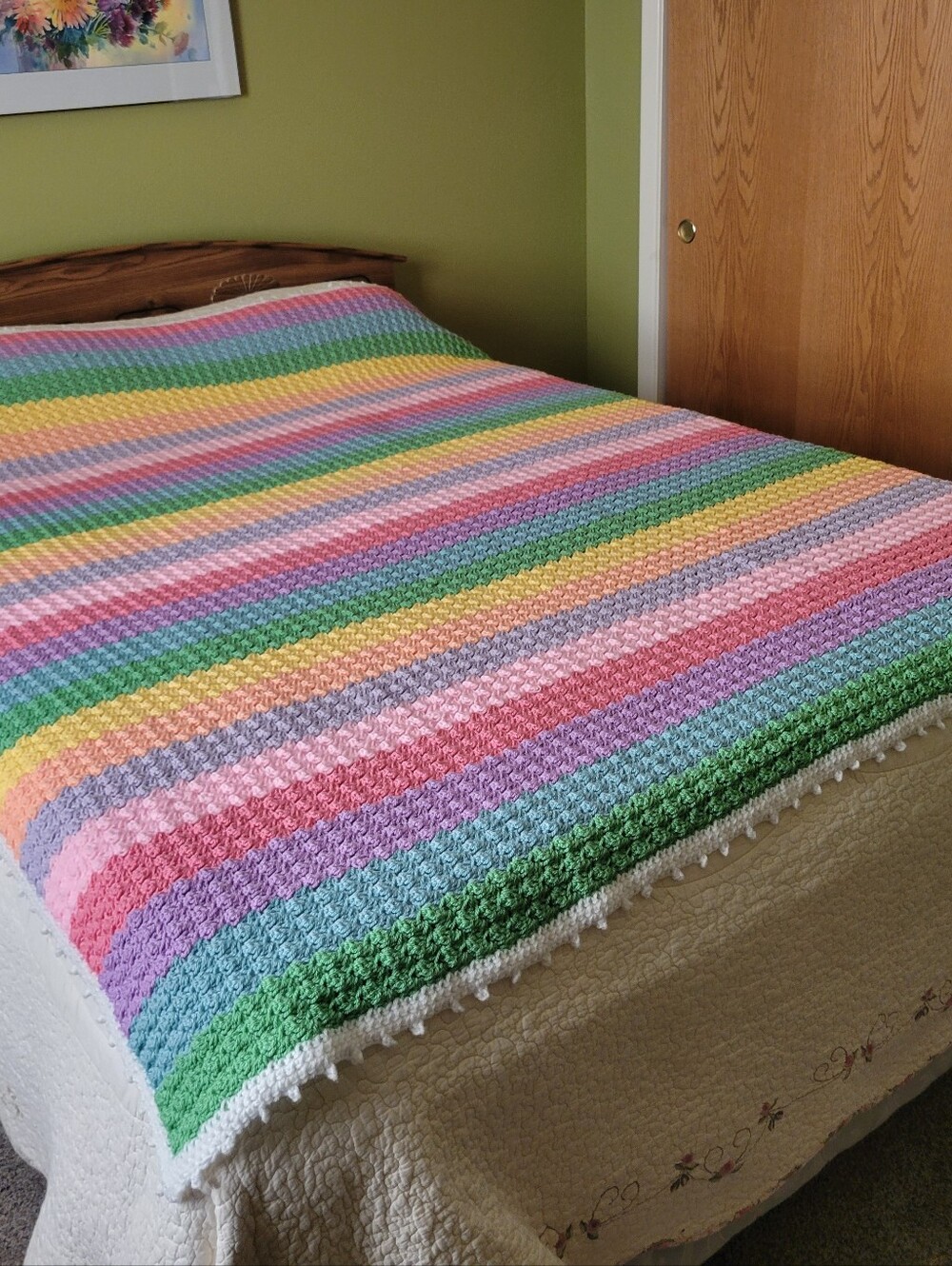 Handcrafted Pastel Rainbow Crochet Bedspread - Multicolor